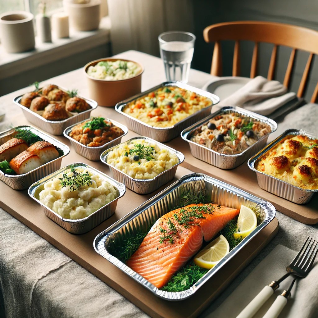 Une salle &agrave; manger de style nordique comprenant des r&eacute;cipients en papier d'aluminium remplis de plats norv&eacute;giens traditionnels. Les r&eacute;cipients contiennent des aliments vibrants comme des grillades